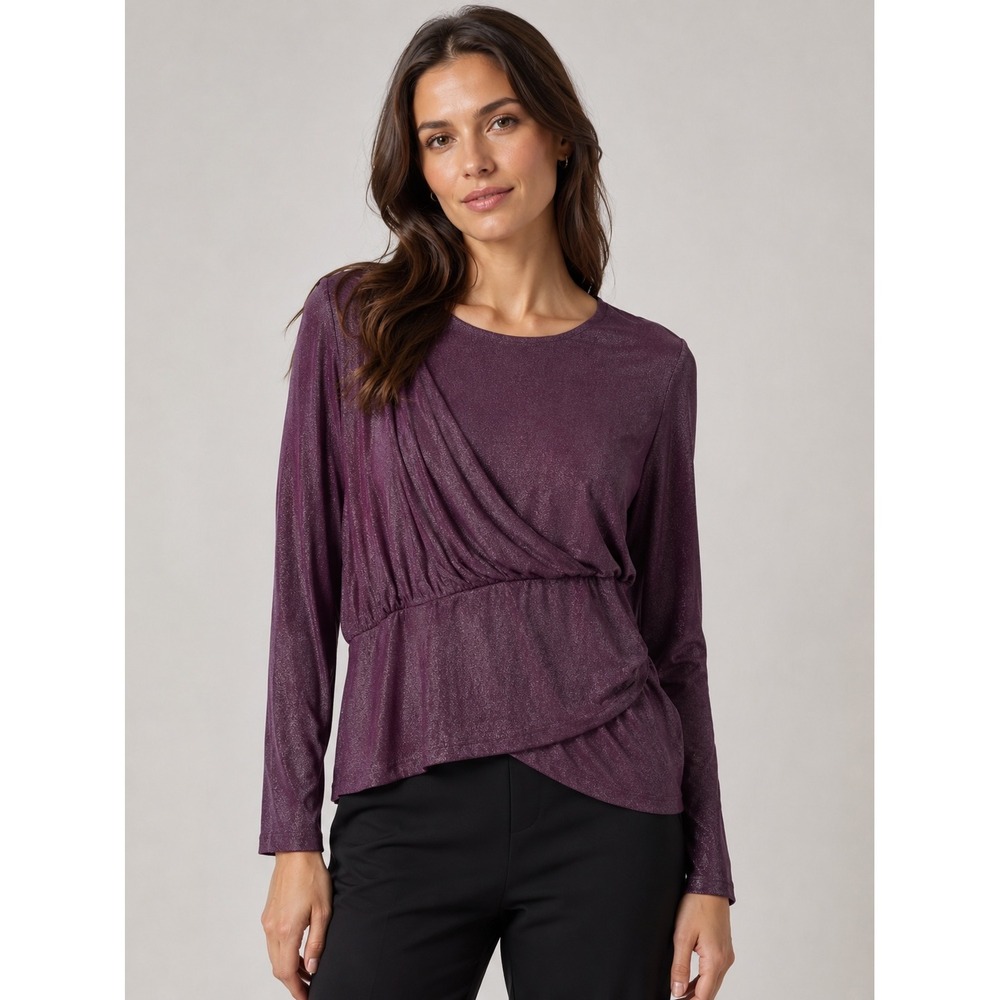 NWT Express Plum Purple Shimmer Metallic Surplice Faux Wrap Long Sleeve Top XL‎